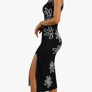 Black and White Sheath Midi Dress with Halter Neckline